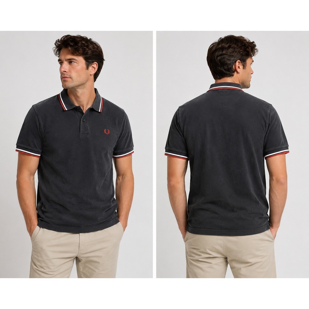 Fred Perry M12 Polo 42 Medium Black Red White Twin Tipped Made In England Cotton